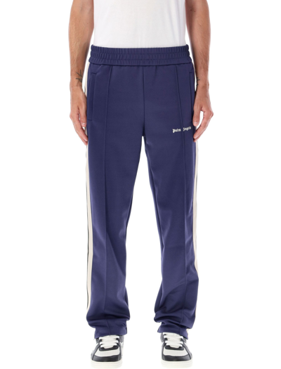 Palm Angels Blue High Waist Pants With Logo Lettering On The Front In Navy
