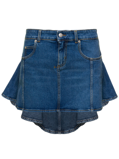 ALEXANDER MCQUEEN BLUE MINI-SKIRT WITH PLEATED DETAIL AT THE BACK IN STRETCH COTTON DENIM WOMAN