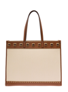 Etro Crown Me White And Brown Shopping Bag With Square Studs In Canvas Woman In Beige