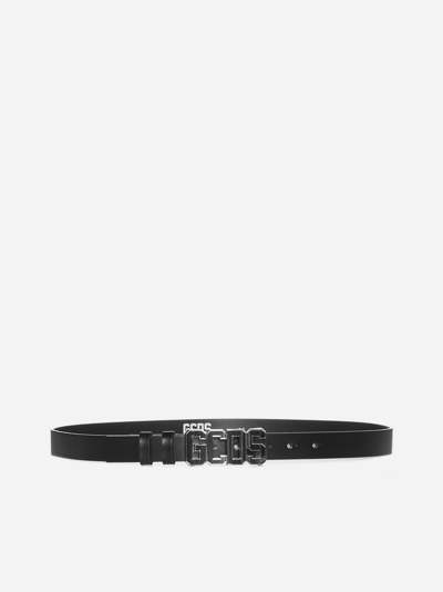 Gcds Logo-buckle Leather Belt In Silver