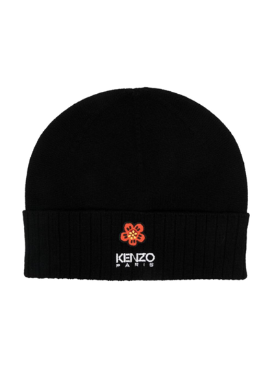 Kenzo Black Beanie With Ribbed Hem And Contrasting Logo In Wool Man