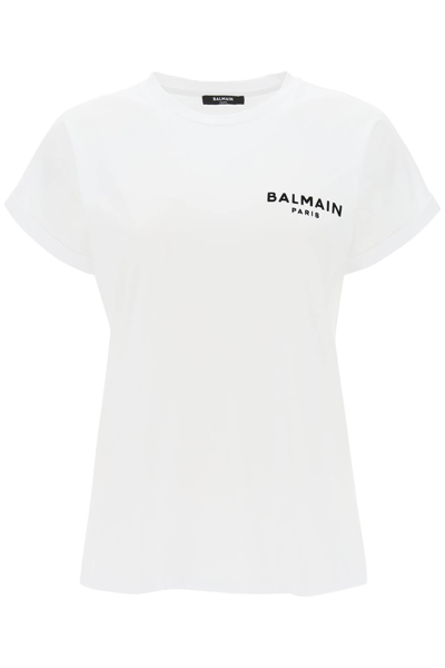 BALMAIN BALMAIN T-SHIRT WITH FLOCKED LOGO PRINT WOMEN