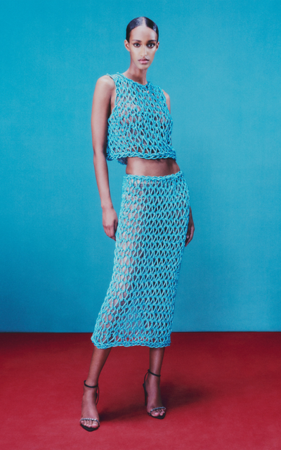 Safiyaa Satine Knit Column Midi Skirt In Blue