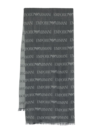 Emporio Armani Wool-blend Scarf With All-over Jacquard Lettering In Blue