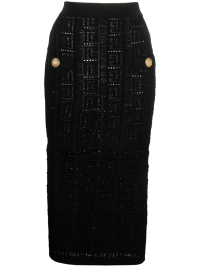 Balmain Monogram Knitted Pencil Skirt In Nero