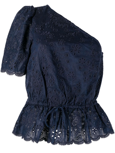 Polo Ralph Lauren One-shoulder Eyelet Linen Top In Newport Navy
