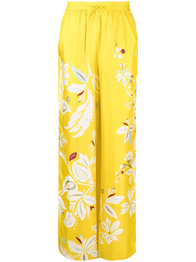 Dorothee Schumacher Floral-print Drawstring Silk Trousers In Yellow
