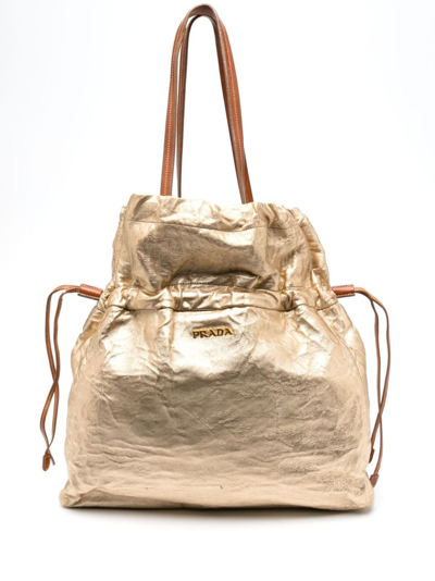 Pre-owned Prada 2000s Metallic Drawstring Tote Bag In Gold