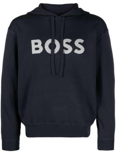 Hugo Boss Logo-embroidered Long-sleeve Hoodie In Blue