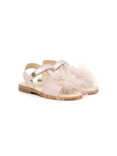 Andanines Kids' Floral-appliqué Leather Sandals In Pink