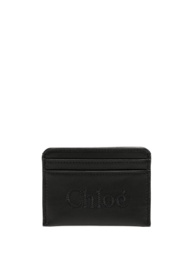 Chloé Sense Embroidered-logo Cardholder In Black