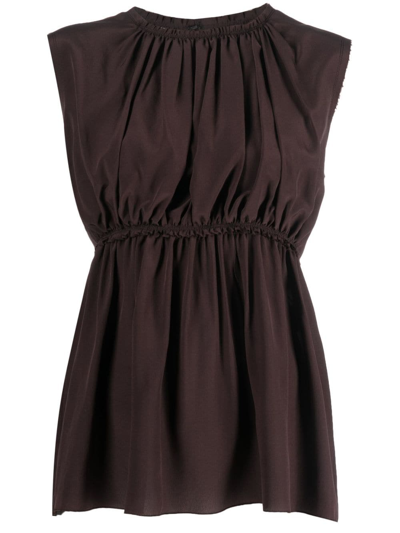 Lanvin Ruched Sleeveless Silk Blouse In Brown