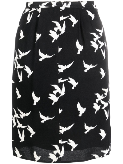 Pre-owned Saint Laurent 1978 Dove Birds Print Skirt In Black