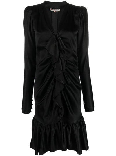 Pre-owned Saint Laurent 1970s Ruffled Front Long-sleeved Silk Dress In Black