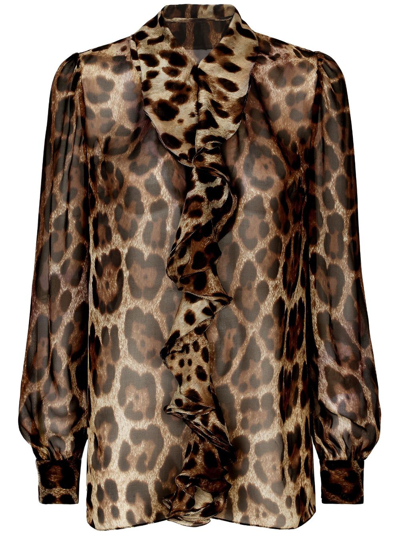 Dolce & Gabbana Leopard-print Silk Blouse In Brown