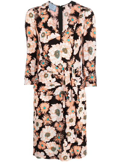 Pre-owned Prada 2000s Floral Wrap-around Dress In Black