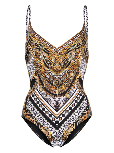 Camilla Graphic-print V-neck Swimsuit In Multicolour