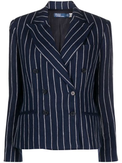 Polo Ralph Lauren Women's Striped Linen Double-breasted Blazer In Navy Cream Stripe