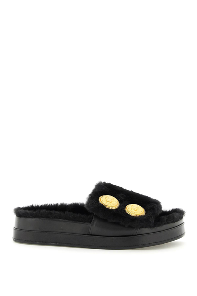 Balmain Flat Mule Tam-fake Fur In Black