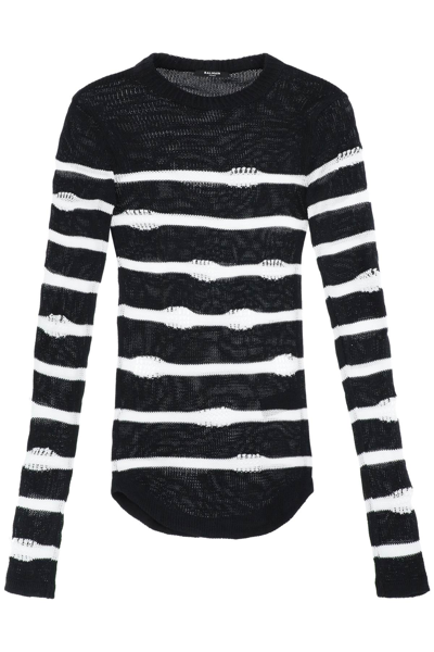 Balmain Striped Sweater In Distressed Cotton In Noir Blanc (white)