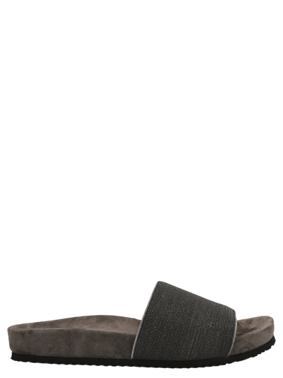 Brunello Cucinelli Monile Suede Slides In Black