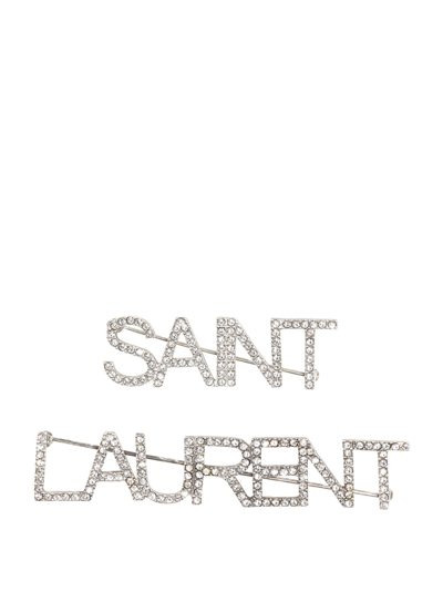 Saint Laurent Crystal-embellished Logo Brooch In Argento