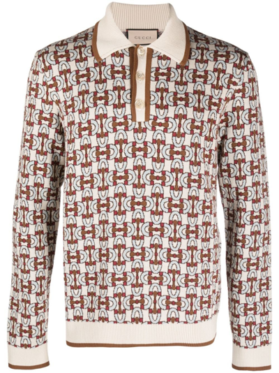 GUCCI BROWN HORSEBIT JACQUARD POLO SHIRT - MEN'S - COTTON/WOOL/SILK,753432XKDFO20880365