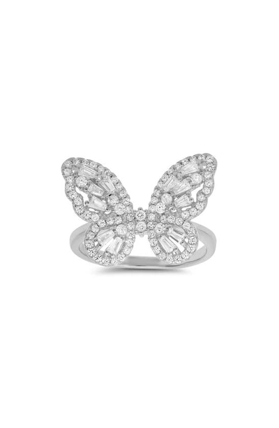 Queen Jewels Cz Baguette Butterfly Ring In Silver