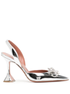 Amina Muaddi Rosie Sling 95 Dark Grey Mirror Patent Pumps In Silver