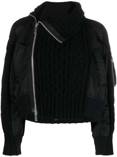 Sacai Panelled Ribbed-knit Jacket In Black