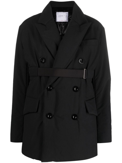 Sacai Belted Double-breasted Blazer In Black