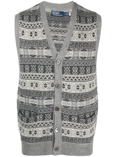Polo Ralph Lauren Cotton, Cashmere & Linen Fair Isle Regular Fit V Neck Sweater Vest In Grey Combo
