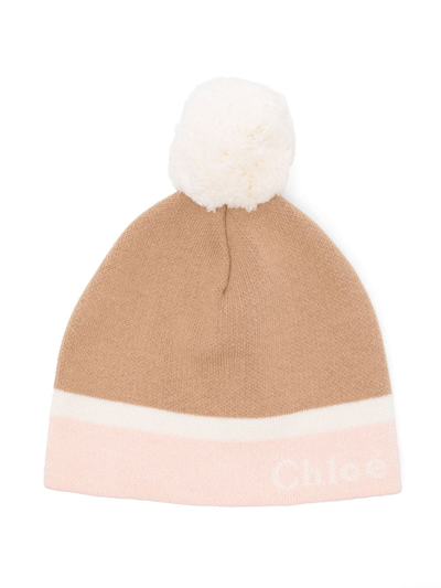 Chloé Kids' Three-tone Pompom Beanie In Camel