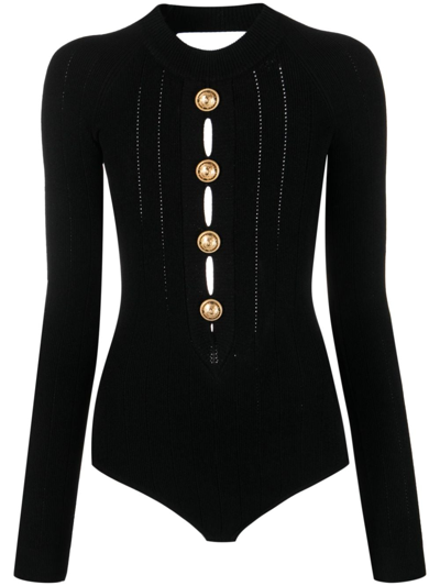 Balmain Button-embellished Knitted Bodysuit In Black