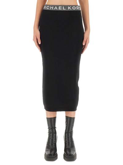 Michael Michael Kors Logo-waistband Midi Skirt In Black