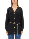 Michael Michael Kors M  Michael Kors Woman's Black Merino Wool Cardigan With M Chain Belt In Black