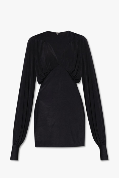 Attico Judy Paneled Empire-waist Blouson-sleeve Mini Dress In Black