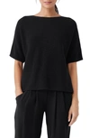 Eileen Fisher Ribbed Elbow-sleeve Bateau-neck Top In Black