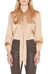 Frame Tie Neck Silk Blouse In Blush