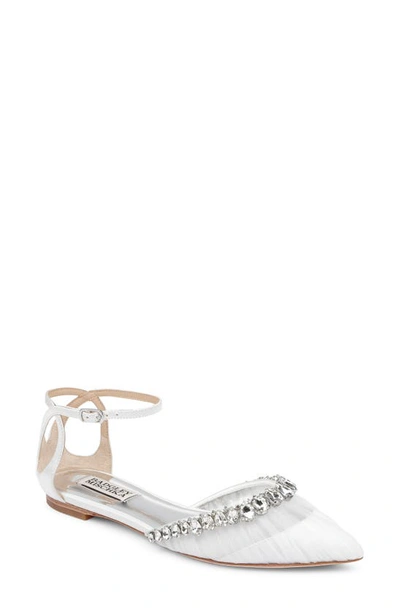 Badgley Mischka Evelynn Ankle Strap Pointed Toe Flat In White Satin