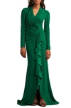 Tadashi Shoji Pleated Long-sleeve Ruffle Crepe Gown In Green
