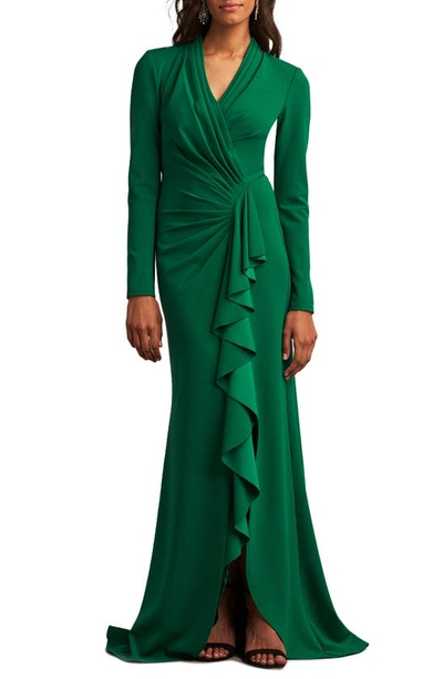 Tadashi Shoji Pleated Long-sleeve Ruffle Crepe Gown In Bamboo