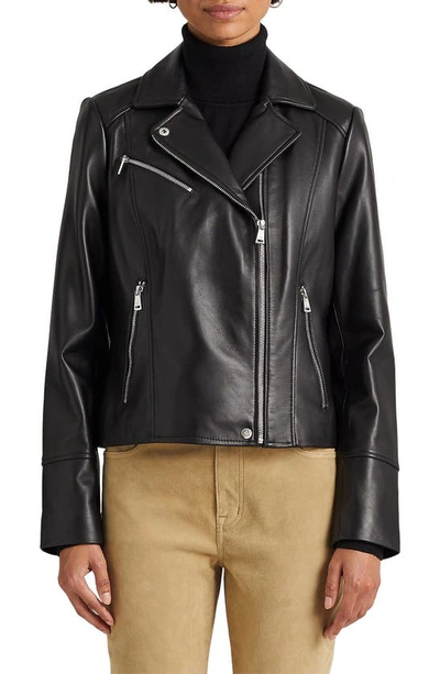 Lauren Ralph Lauren Asymmetric Leather Moto Jacket In Black