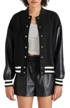 Steve Madden Alexander Faux Leather Sleeve Varsity Jacket In Black