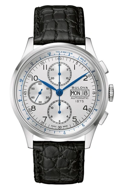 Bulova Men's Swiss Automatic Chronograph Joseph  Black Leather Strap Watch 42mm In Silver
