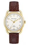 BULOVA JOSEPH BULOVA COMMODORE LEATHER STRAP WATCH, 34.4MM