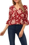 Cece Floral Ruffle Sleeve Blouse In Mulberry Red