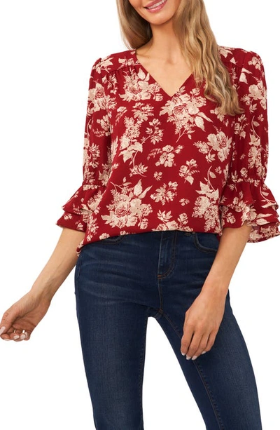 Cece Floral Ruffle Sleeve Blouse In Mulberry Red