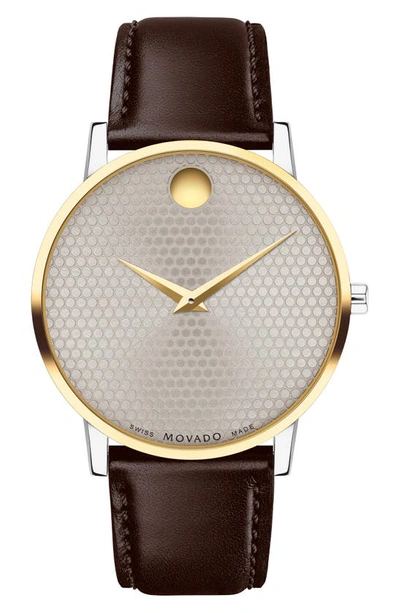 Movado Men's Museum Classic Yellow Pvd & Leather Strap Watch/40mm In Chocolate Warm Grey