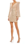 Mac Duggal Sequined Structured Bishop Sleeve Mini Dress In Rose Gold
